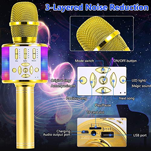 Image of Amazmic Kids Karaoke Microphone Machine Toy Bluetooth Microphone Portable Wireless Karaoke Machine Handheld with LED Lights, Gift for Children Adults Birthday Party, Home KTV(Gold)