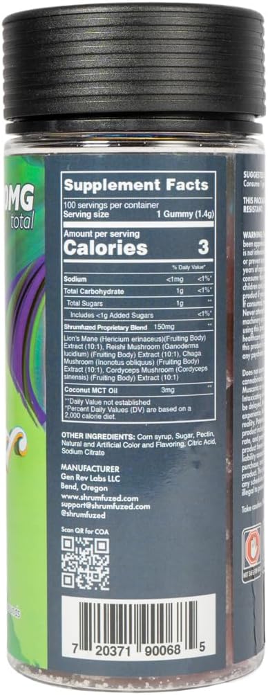 Shrumfuzed Miniz - Proprietary Nootropic Gummy 32000mg - Now with New Improved Taste - Lion's Mane, Reishi, Chaga, Cordycep, and Proprietary Nootropic Mushroom Blend (100pk, Assorted)