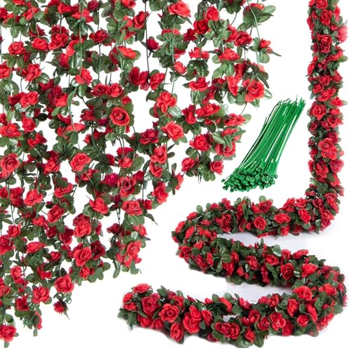 ZenyTra Lot de 2 guirlandes de roses artificielles rouges - 2,4 m de long - Guirlande de fleurs en soie avec 45 fleurs pour décoration de mariage, jardin, balcon, salon...