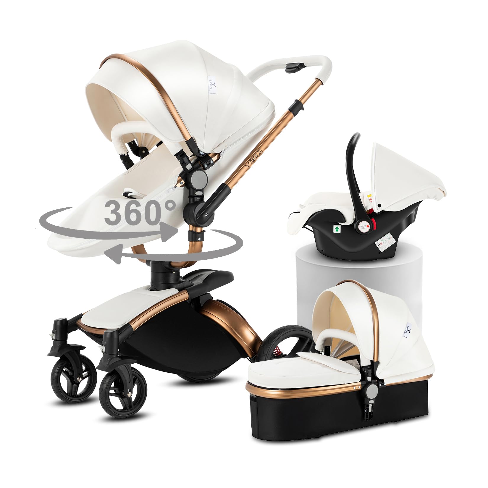 MoLi PU-Leder Kinderwagen 3 in 1, Kinderwagen mit 360° Drehbarem Cabrio-Sitz, Buggy mit Großer Bequemer Babywanne, Kombikinderwagen 3 in 1 Rahmen Aluminiumlegierung Faltbar Hohe Landschaft (906 White)