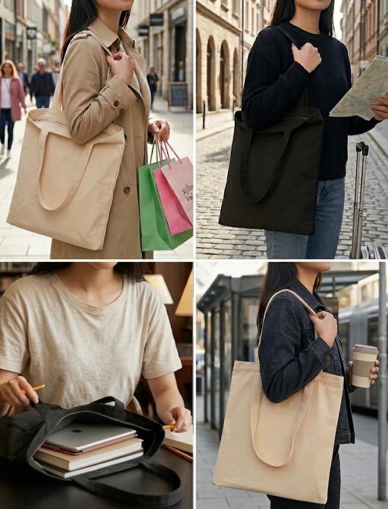 Pack De 1/3/9 Bolsas de Tela Con Cremallera, BEIG/NEGRO 35X40+30CM Gruesa 12A – Tote Bag De Calidad Premiun Reutilizable para Universidad, Trabajo, Compras y DIY — view 2