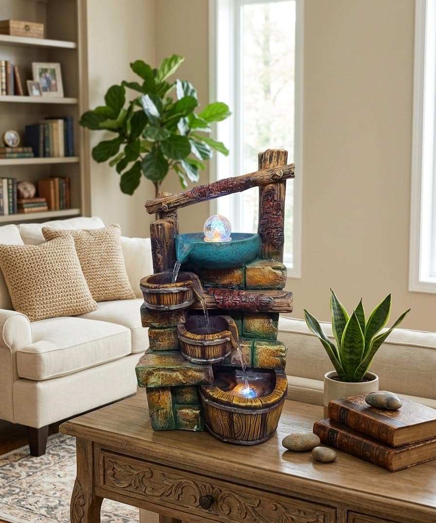 Ani Divine Forest Style Designer Cascading Waterfall with LED Lights, Speed Controller Pump & Crystal Ball 19 Inch Tabletop Indoor Water Fountain Showpiece for Living Room, Entrance, Balcony-image-38