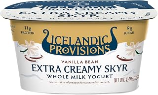 Icelandic Provisions Extra Creamy Skyr Whole Milk Vanilla Bean Yogurt, 4.4oz Pack of 12 - Thick, Protein-Packed, Low Sugar