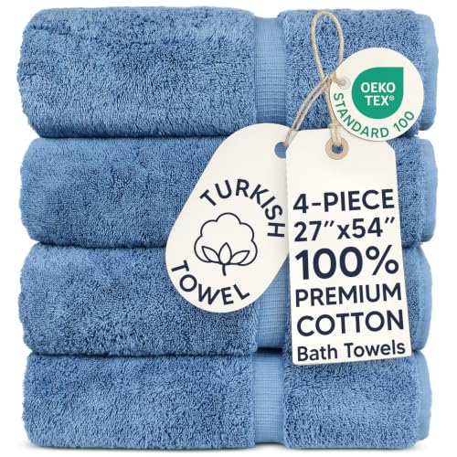 Chakir Turkish Linens 4 Piece Large Bath Towels, 100% Cotton Turkish Towels for Bathroom, Luxury Soft Absorbent Bath Towel Set, 27 x 54 Inches, Wedgewood