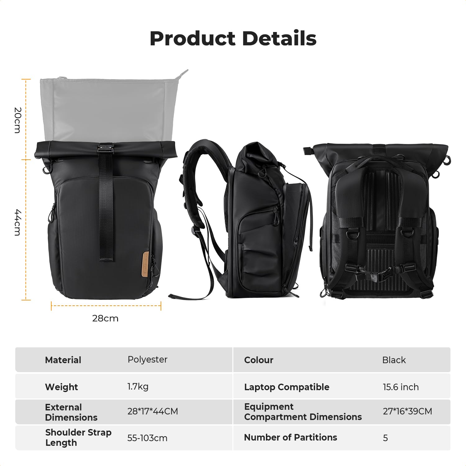 K&F CONCEPT plecak na aparat fotograficzny, wodoodporny, plecak fotograficzny duży z rozszerzalną pojemnością, plecak na aparat z kieszenią na laptopa 15,6 cala dla lustrzanek DSLR SLR