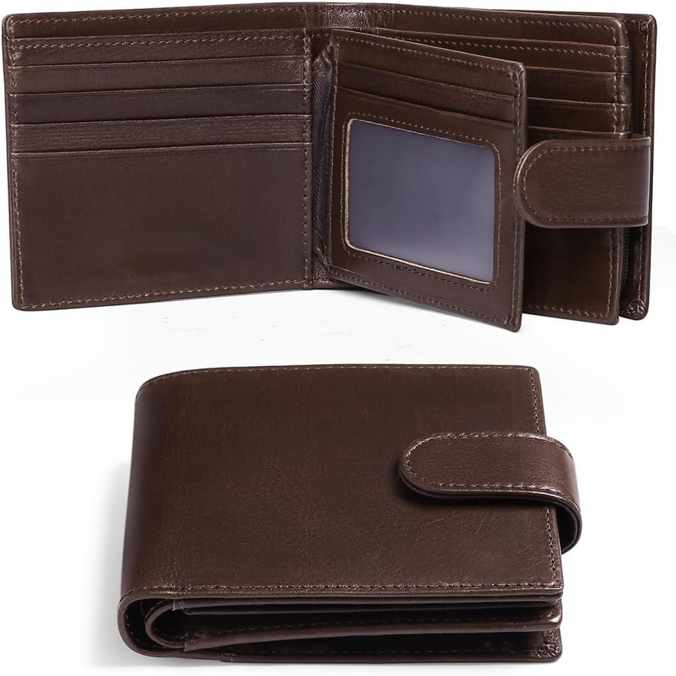 GOIACII Mens Wallet Large Capacity Genuine Leather RFID Blocking Bifold Wallets for Men with ID Window and 15 Card Slots