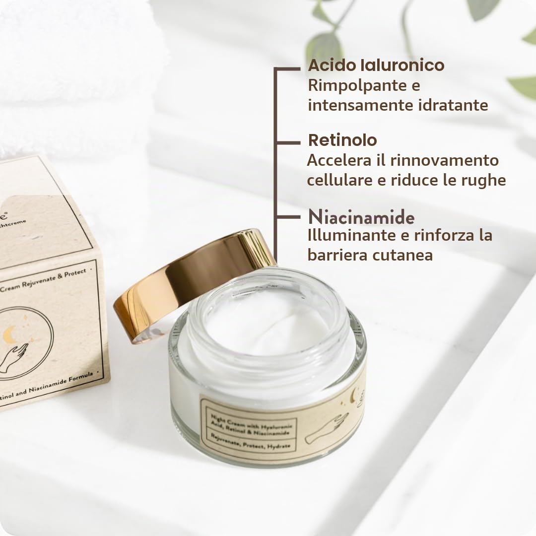 Suntribe Crema da notte biologica con acido ialuronico, retinolo e niacinamide, 50 ml, effetto anti-invecchiamento, 100% naturale, idratante, con olio di argan e aloe vera, non grassa, senza profumi,