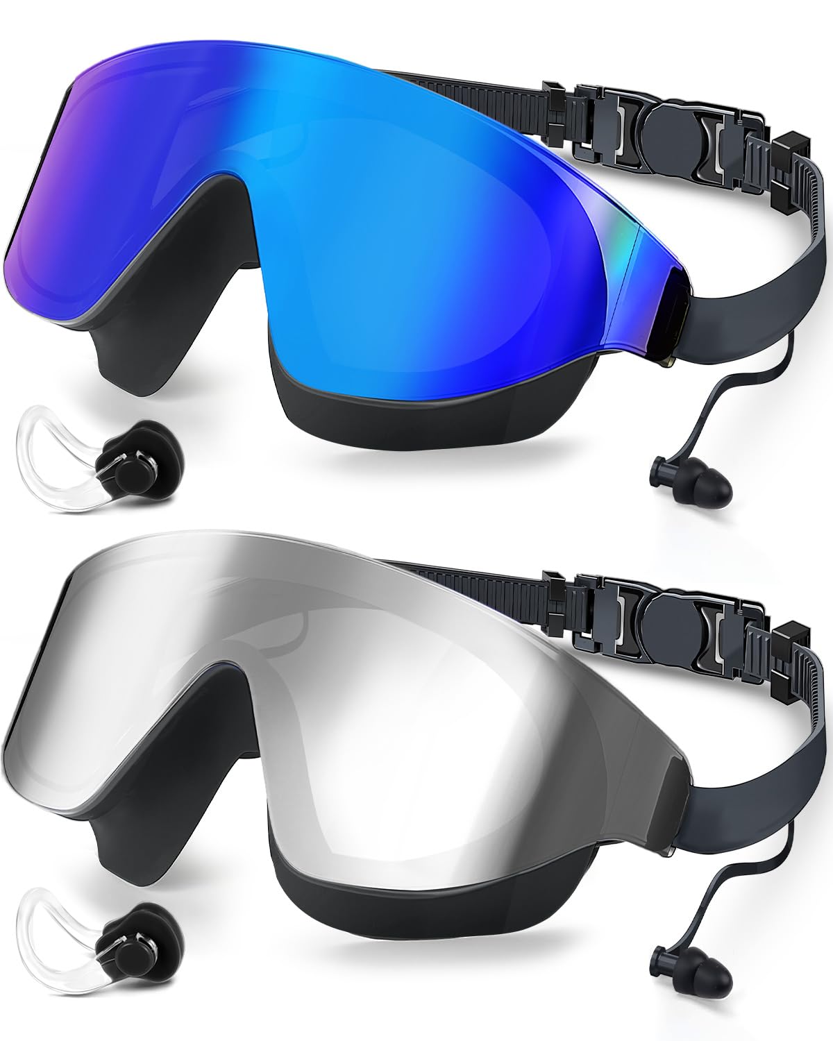 Zoomsnail Swimming Goggles for Men & Women Adults, Panoramic 180° Wide View, Anti-Fog UV Protection, Soft Silicone Leak-Proof Swim Goggles Light Blue & Sliver