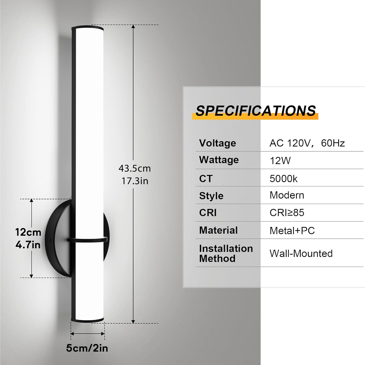 OOWOLF 17.3 Inch LED Vanity Light, 12W 1200LM 5000K Daylight Dimmable Bathroom Light Vertical or Horizontal, Modern Bathroom Led Wall Sconces, Energy Saving, for Mirror Bedroom Living Room Hallway
