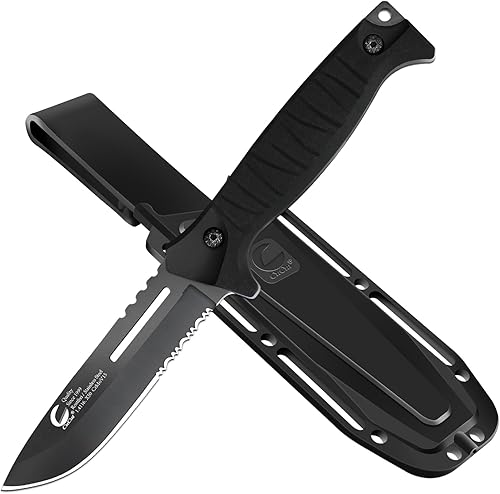 Cuchillo de hoja fija de espiga completa con funda, hoja de acero al carbono de 4 pulgadas, acabado antiadherente negro con borde dentado, cuchillo