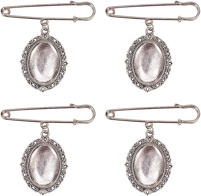 PandaHall 8 Sets Wedding Bouquet Photo Charm DIY Pin Brooch Making Kit Brooch Tray Oval Clear Glass Cabochons for Wedding Party Memory Charms Mothers Fathers Day, Antique Silver & Platinum