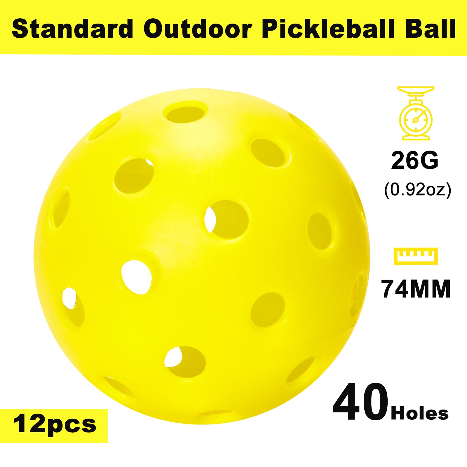 kisportee Outdoor Pickleballs, 12 Pack Pickle-Balls with Mesh Bag, Meet USAPA Standard 40 Holes, Accessories for Pickleball Paddle Set Sport Outdoor Play Balls, High Elasticity & Durable (Yellow)
