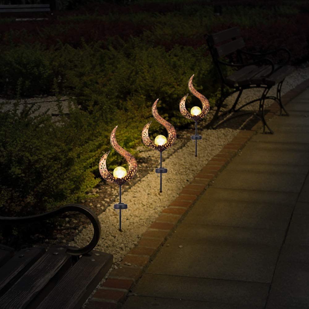 ALLOMN Solar Rasen Lampe, Draussen Solar Licht Garten Dekoration Lampe IP65 Wasserdicht Pfad Rasen Hof Garten Lampen Glas Flammenform Design (Hohle Flamme, 2 PCS)