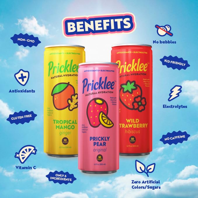 Pricklee Natural Hydration Drink – Prickly Pear, Wild Strawberry, Tropical Mango – Electrolytes + Antioxidants, Low Sugar, No Artificial Sweeteners – Non-Carbonated, Caffeine-Free – Cactus Water-Based (12 oz cans, 6 pack, 2 each)