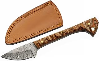 SZCO Supplies DM-1320BR Wood Handle Damascus Steel Drop Point Caping Knife with Sheath, 6.75" Length, Brown - SZCO Supplies