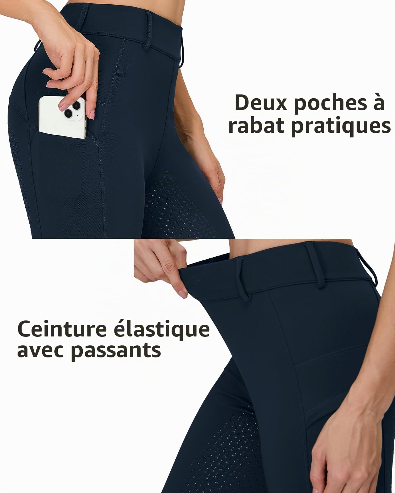 Legging d'équitation d'hiver pour femme - Pantalon d'équitation thermique pour femme - Doublure en polaire - Imperméable - Avec poche pour téléphone portable - Passants de ceinture