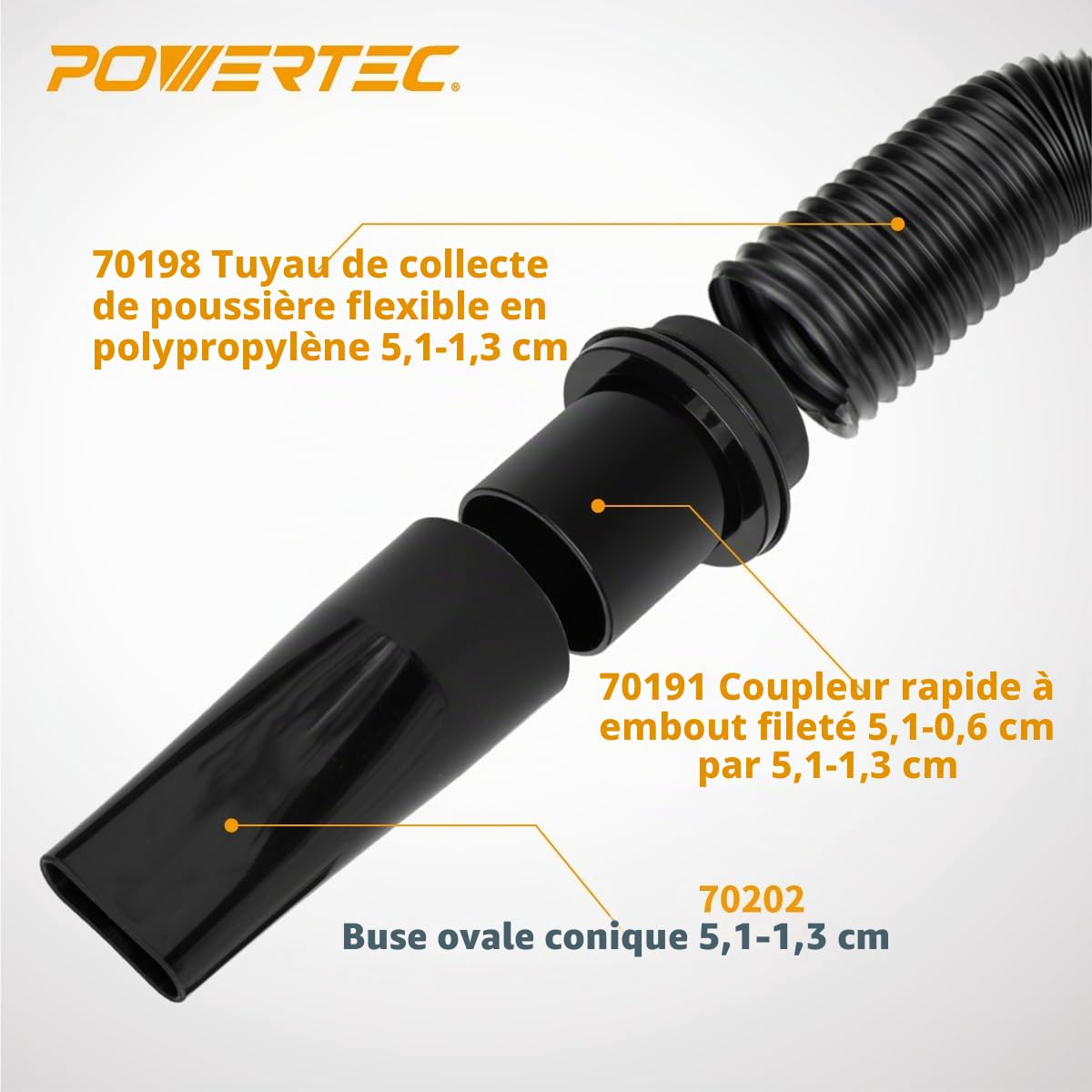 PowerTec 70208V Kit de tuyau flexible de collecte de poussière 2-1/4", noir, 5,7 cm