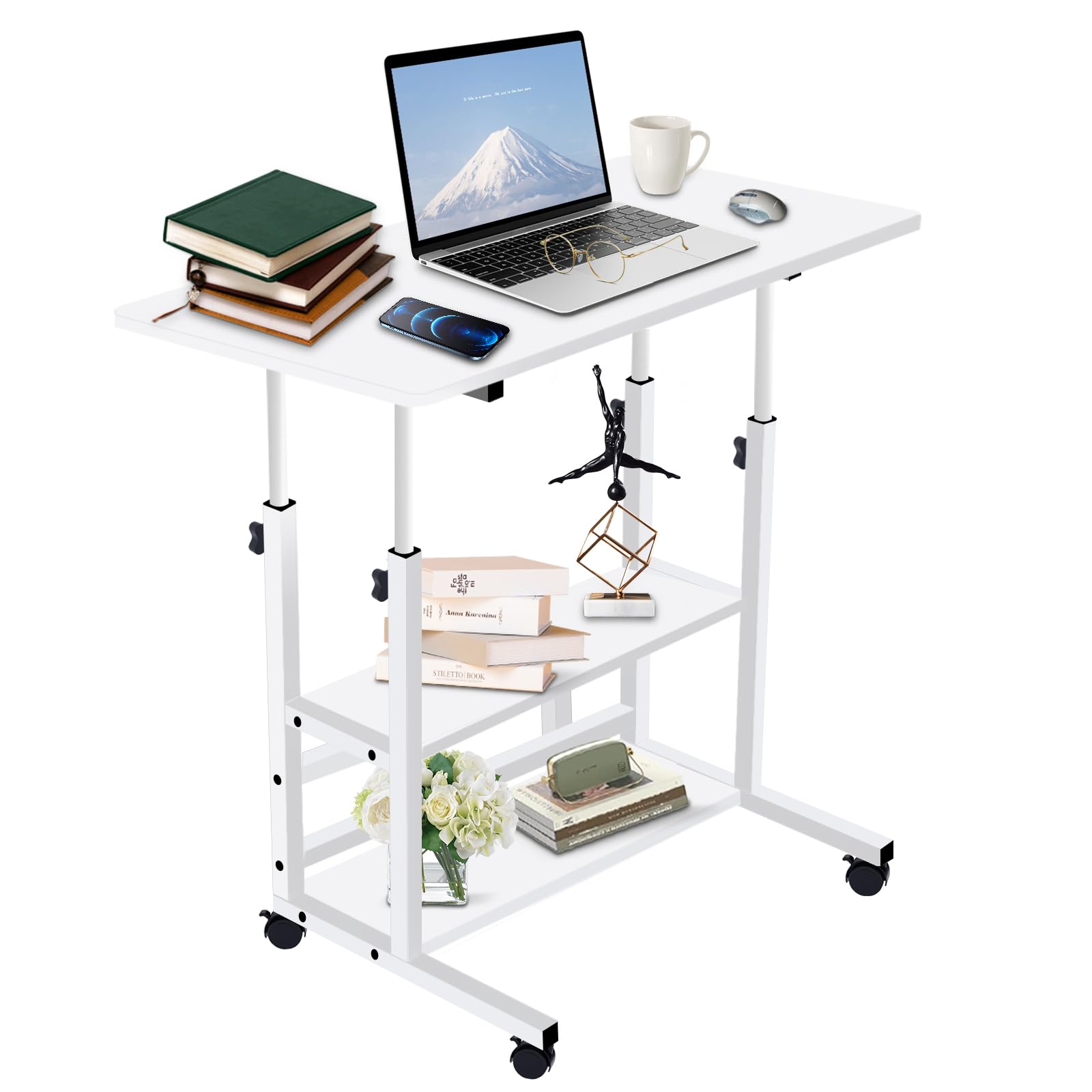 Mobile Stand Up Desk?Laptop Desks Adjustable Height? Up Table with Wheels Double Layer Storage Computer Workstations.(15.7"x31.4",White)