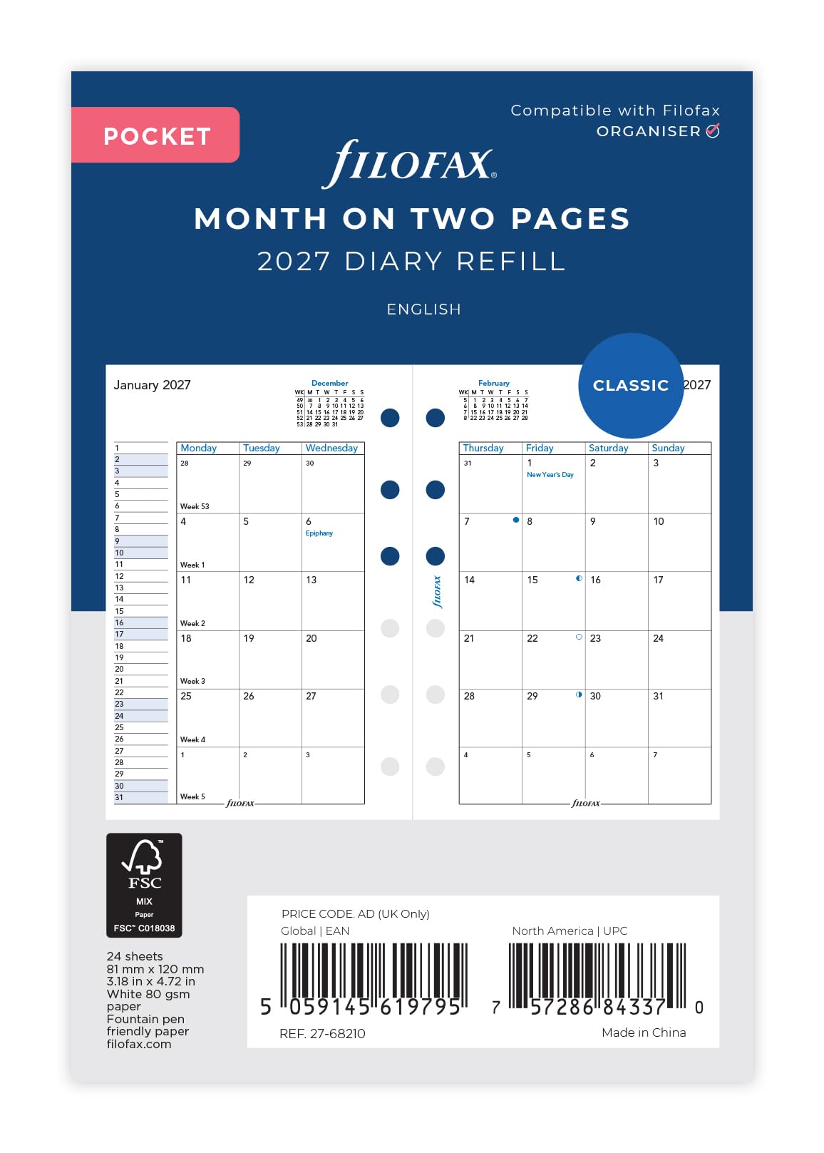 Filofax Pocket Month on two pages English 2027 diary 27-68210