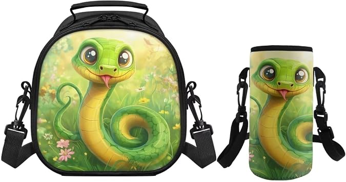 Cute Lunch Box Kids Girls 4-5 Portable Crossbody Lunch Bag for Girls Snake Simple Modern Kids Water Bottle Cover Adjustable Strap Toddler Bottle Sleeve for Kindergarten
