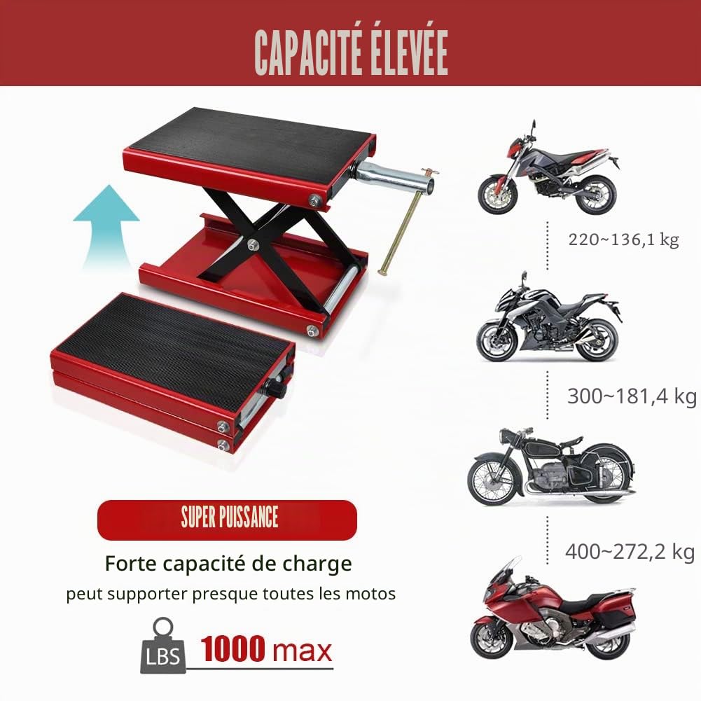 Cric de Moto 1100 lbs/500 kg Hauteur 19-34 cm Pont Élévateur Ciseaux Moto en Acier Plate-Forme Élévatrice Moto Dimension Plat-Forme 36x23 cm Lève Moto Sécurisée Table Élévatrice Moto Entretien, Rouge