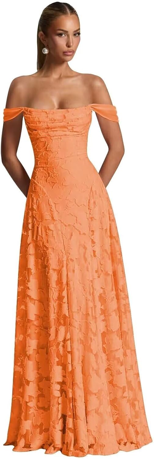Off The Shoulder Bridesmaid Dresses Plus Size for Women A Line Long Orange Floral Chiffon Prom Dresses Cowl Neck Off The Shoulder Formal Evening Gowns US Size 26W