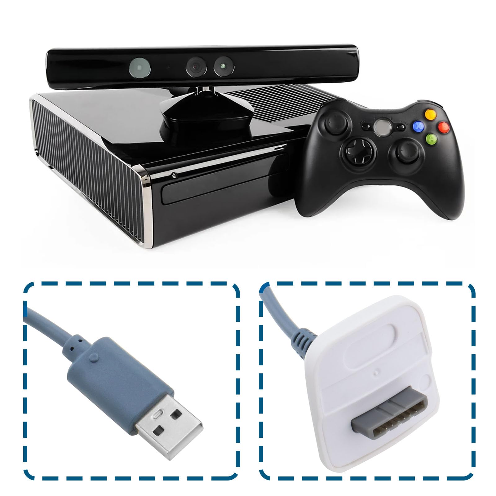 Lot de 2 câbles de charge USB de 1,5 m compatibles avec manette de jeu sans fil Xbox 360