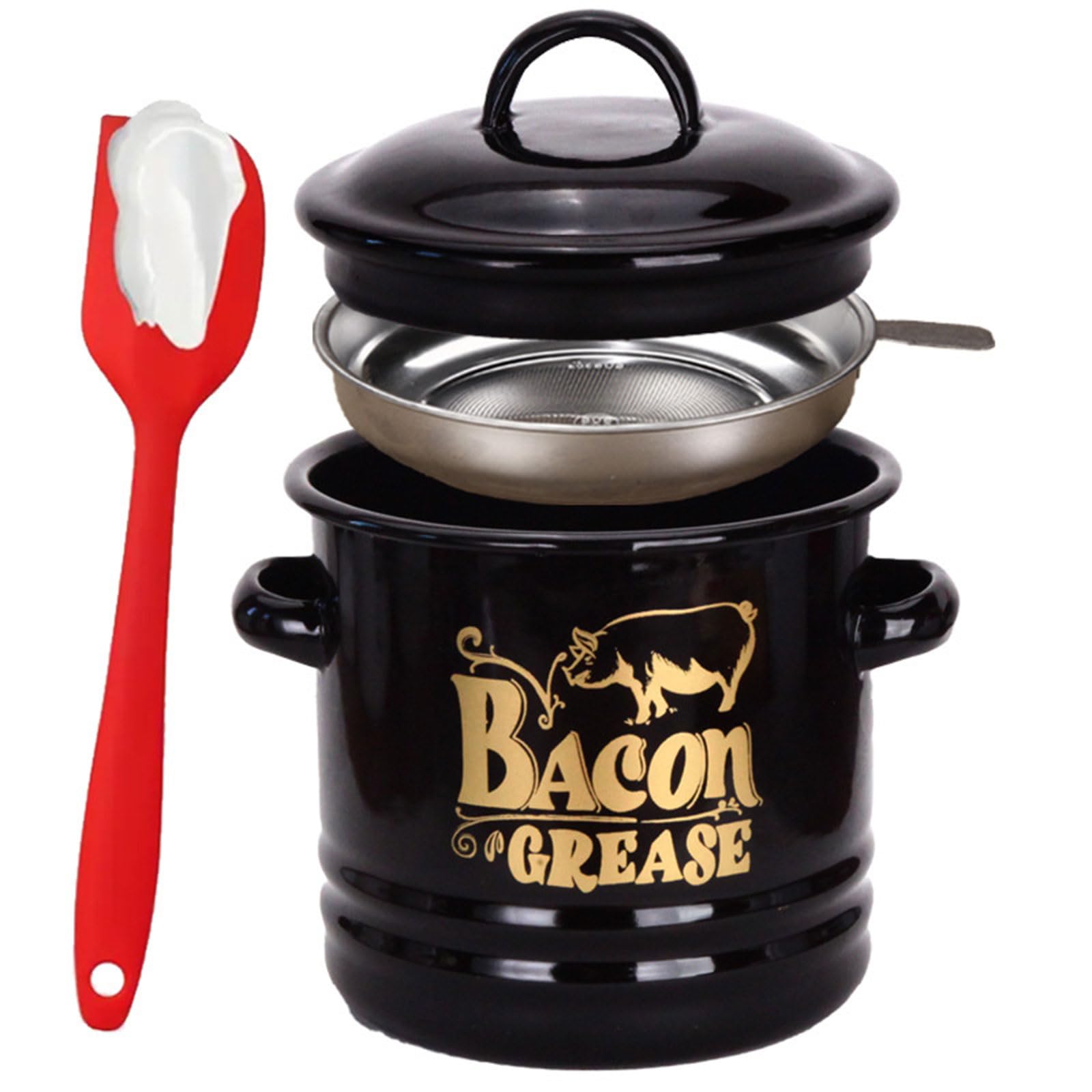 HDOYTXXM Enameled Grease Storage Jar with Strainer and Silicone Spatula for Preserving Bacons Drippings Fat and Cooking Oil Keeper Bacons Grease Keeper Jar