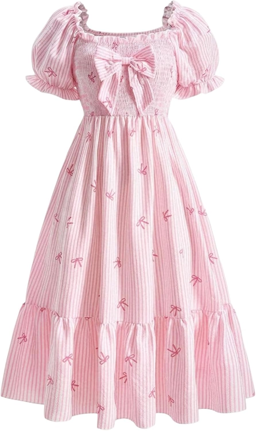 SHENHE Girl's Summer Bow Dress Puff Short Sleeve Smocked Ruffle Hem A Line Flowy Long Sundress