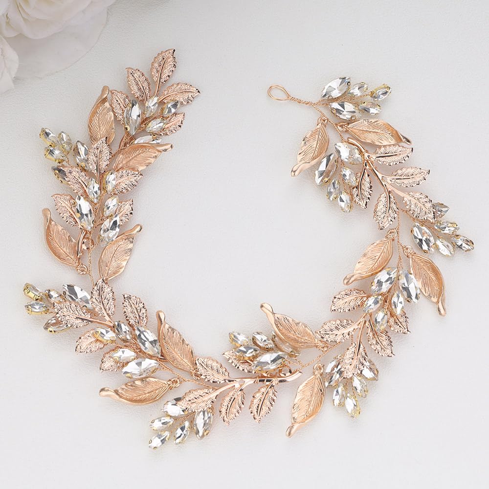 Teyglen Gold Crystal Bridal Hair Vine Rhinestone Wedding Headband for Bride Hair Accessories Leaf Headpiece for Women Girls