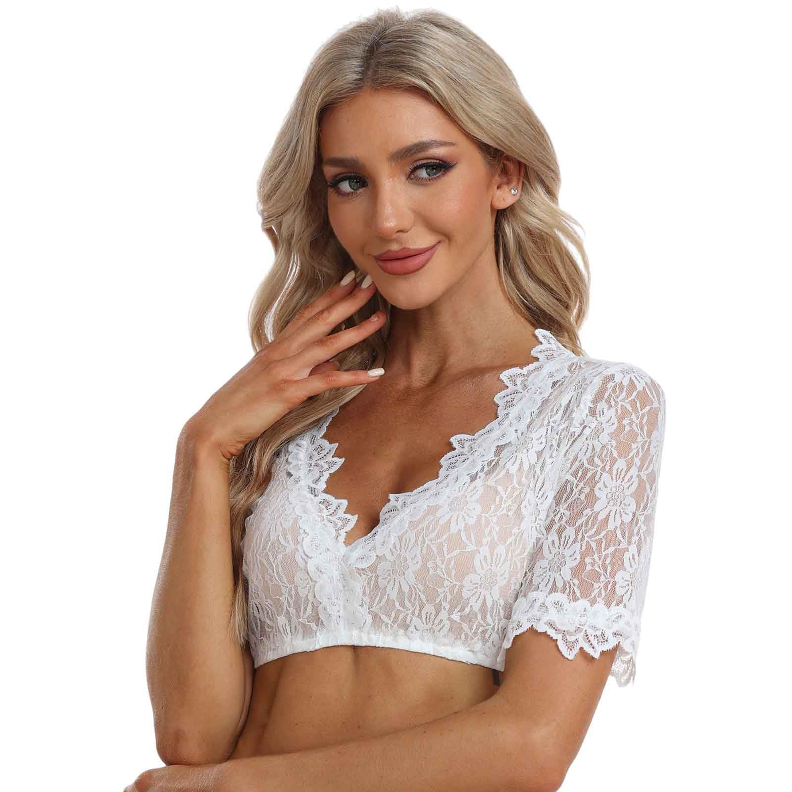 Jecarden Damen Dirndlbluse Spitze Trachten Dirndlbluse Kurzarm Oktoberfest Dirndlblusen Halbarm Tracht Bluse Weiß/Schwarz (34-48)