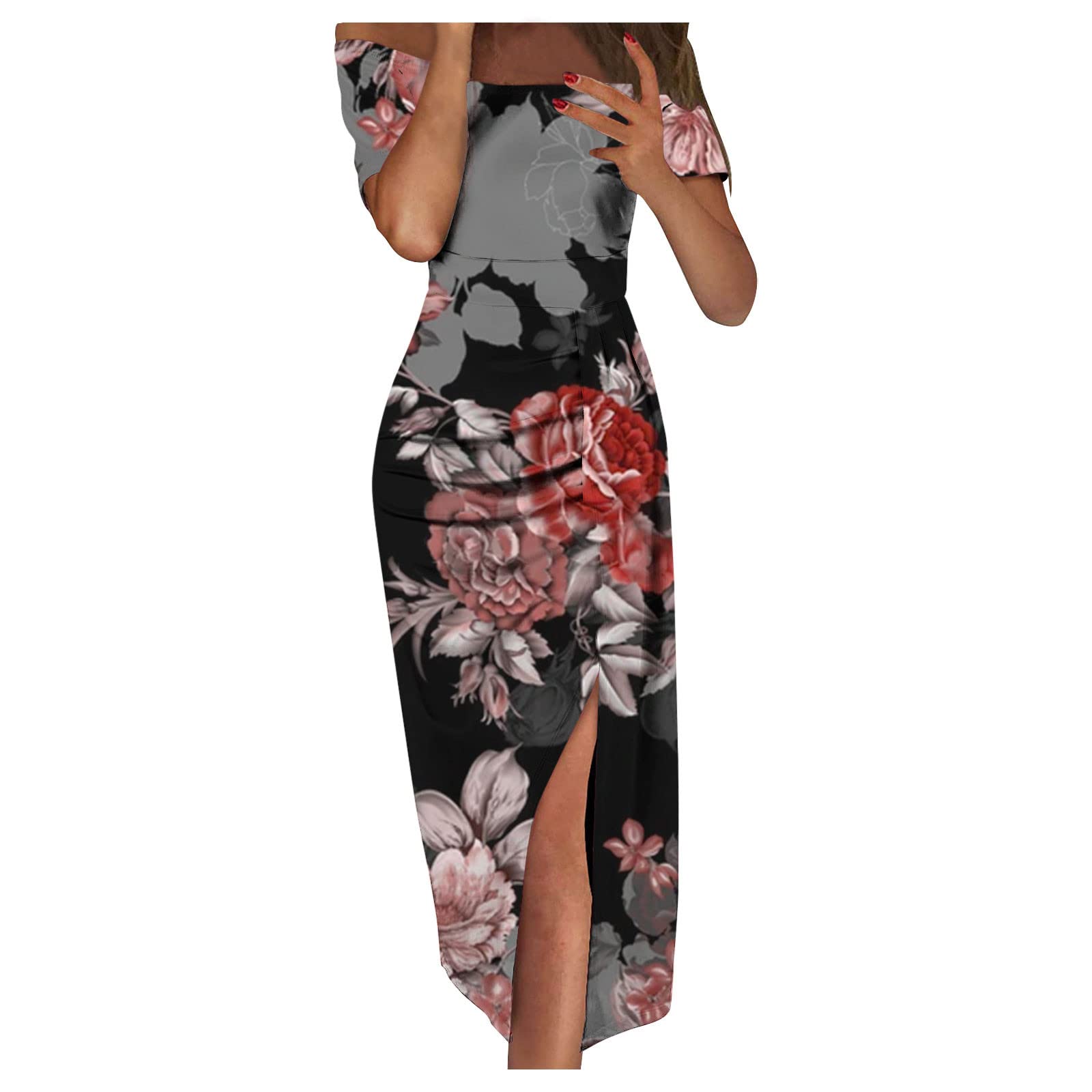 AMhomelyWomen Dress Sale Clearance Contrast Color Printing Wrap Split Sleeveless Off-The-Shoulder Dresses UK Ladies Dress Party Elegant Beach Dress Club Cocktail Work Dresses Evening Gowns