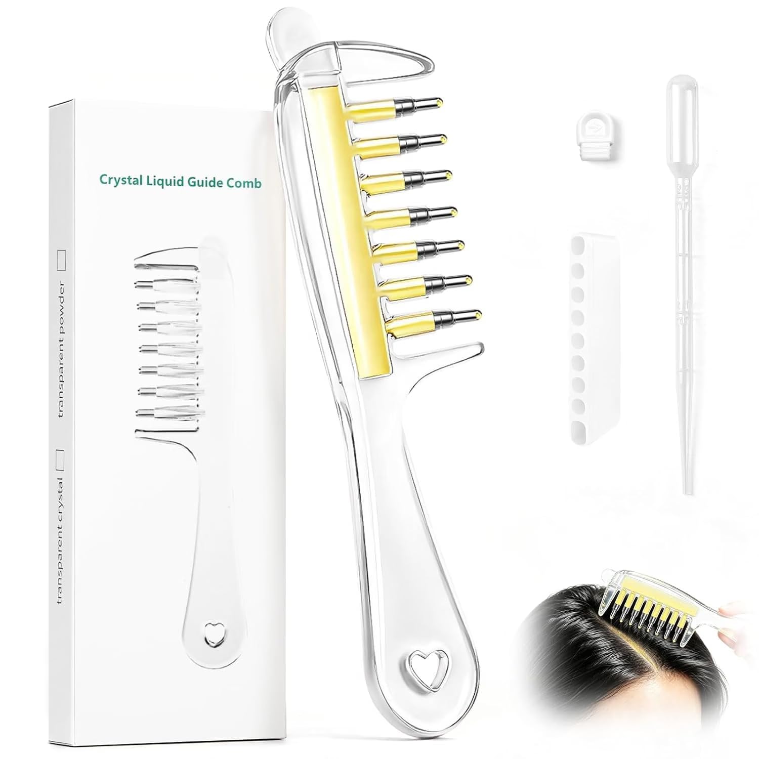 CRIYALE Hair Oil Applicator Comb, Refillable Scalp Massager & Essential Oil, Serum Liquid Dispenser with Roller Ball Tips, Even Oil Distribution Tool for All Hair Root Types & Growth Routines (Clear)