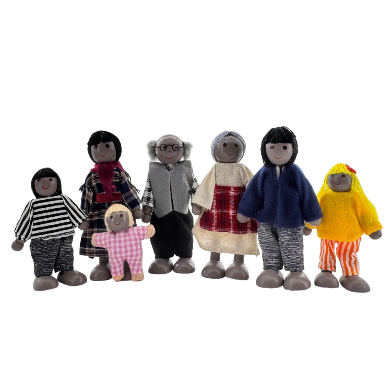 HYSTYLE 7 Pack Wooden Doll House Family Dollhouse Dolls Family Pretend Play Figures, Family Role Play Pretend Play Mini People Figures (African American)