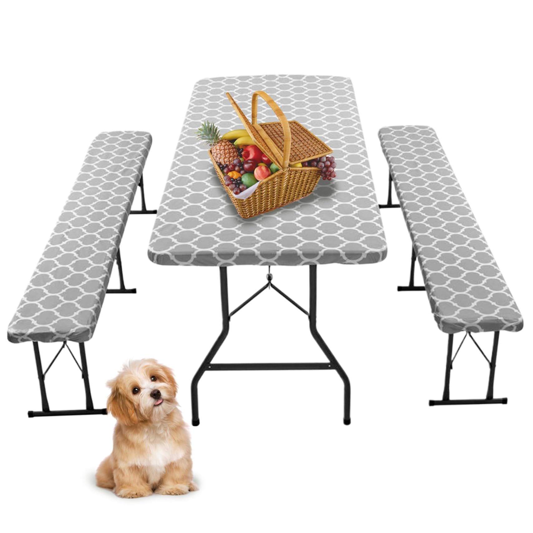 Lot 3 Housses Table Pique-Nique + Bancs - Imperméable, Élastique, 76x183 Cm Table + 2x 30x183 Cm Bancs, Antidérapante, Gris