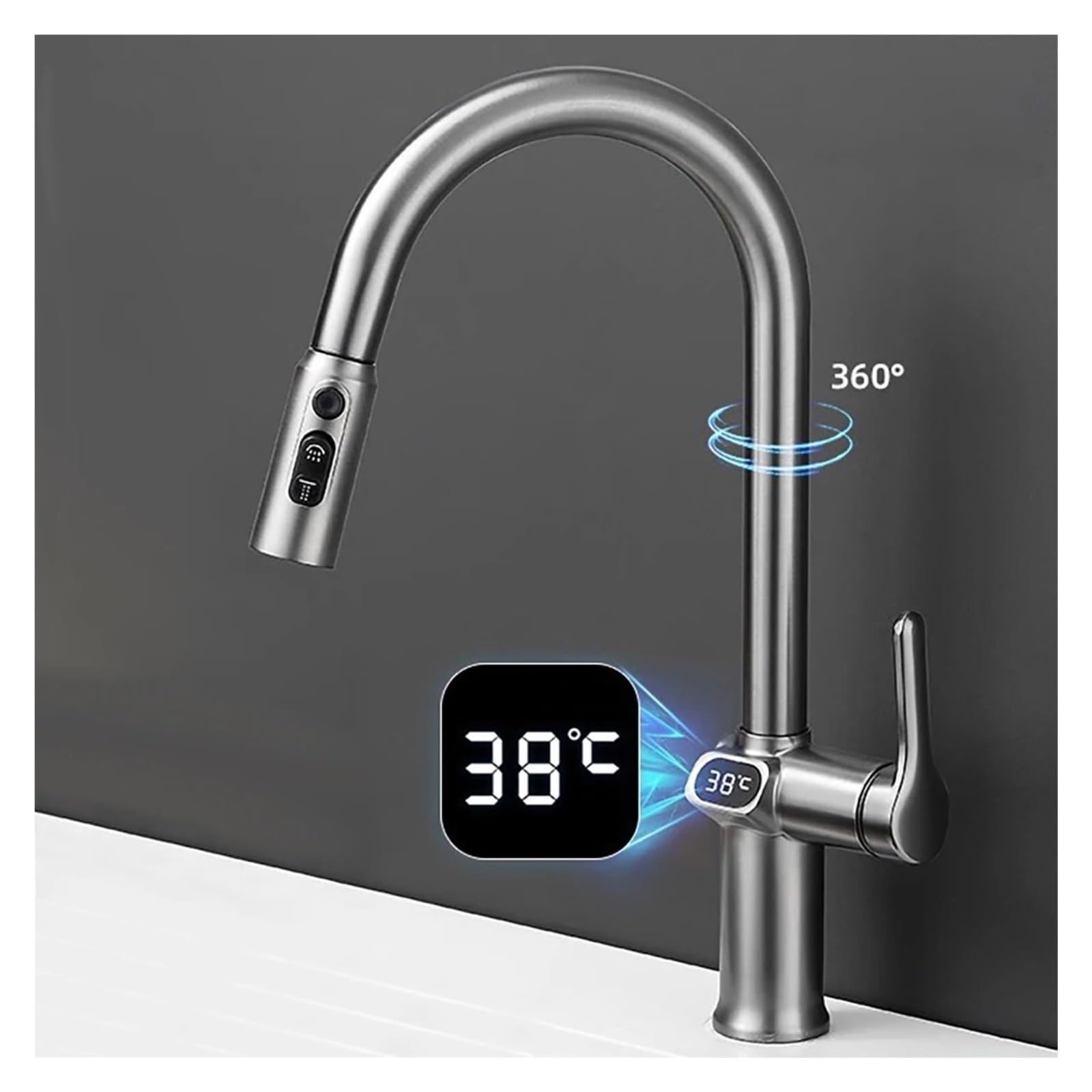 Grifo de cocina acero inoxidable cepillado digital, grifo lavabo giratorio extraíble, válvula mezcladora fría y caliente,Seguro y Confiable(Gun-Grey)
