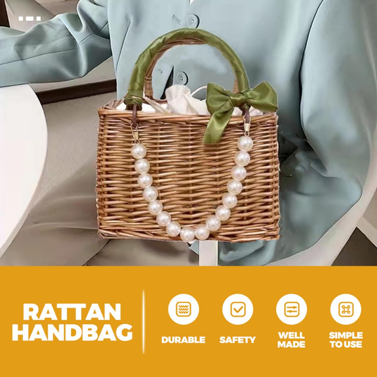 Borsa da Spiaggia Intrecciata in Vimini Catena di Perle e Nastro, Capiente e Leggera, lo Shopping e Uscite Estive
