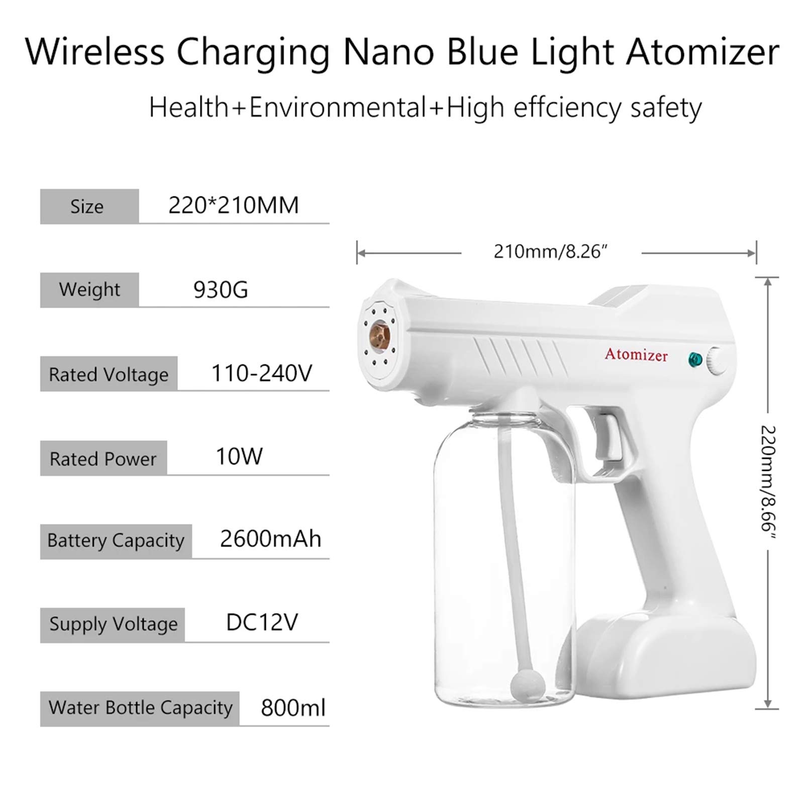 Nano Steam Mist Gun, Pulvérisateur Électrique sans Fil De Grande Capacité 800Ml, Rechargeable Portative Machine De Brumisateur De Lumière Bleue pour La Maison, L'hôpital Et Le Transport