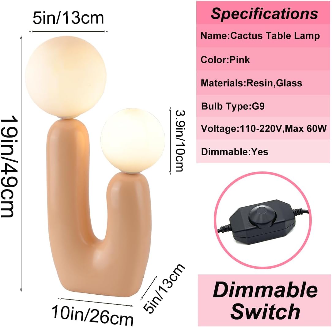 Photo 1 of  Nordic Pink Cactus Table Lamp - Creative Resin Aesthetic Milk White Globe Glass 2 Lights for Bedroom, Living Room, Children's Room, Home Decor