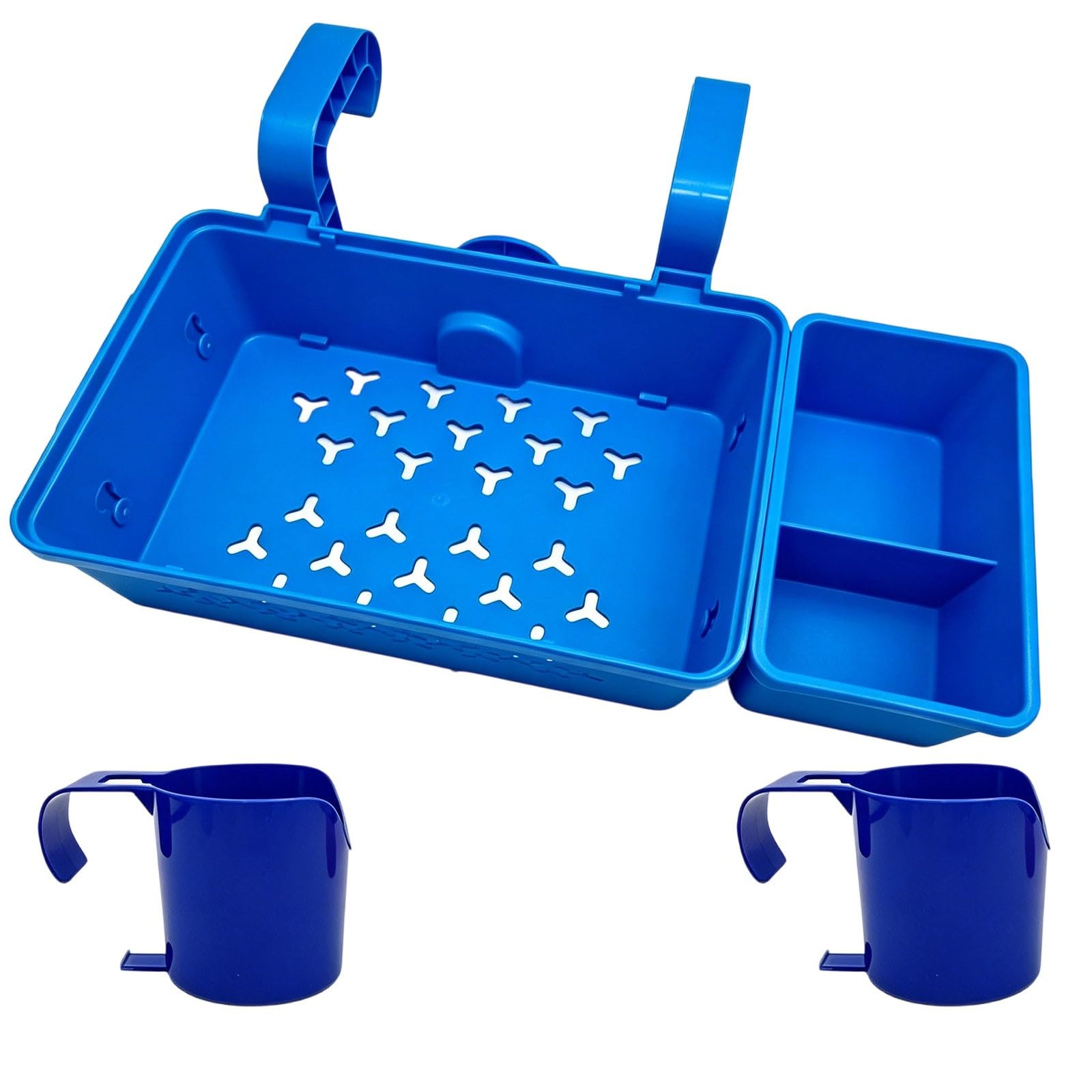 Poolside Storage Basket with Cup Holders & Hanging Hook Large Capacity Swimming Pool Accessories Organiser Hangable Basket Ideal for Deck Storage and Beverage Management (Blue+2Blue)