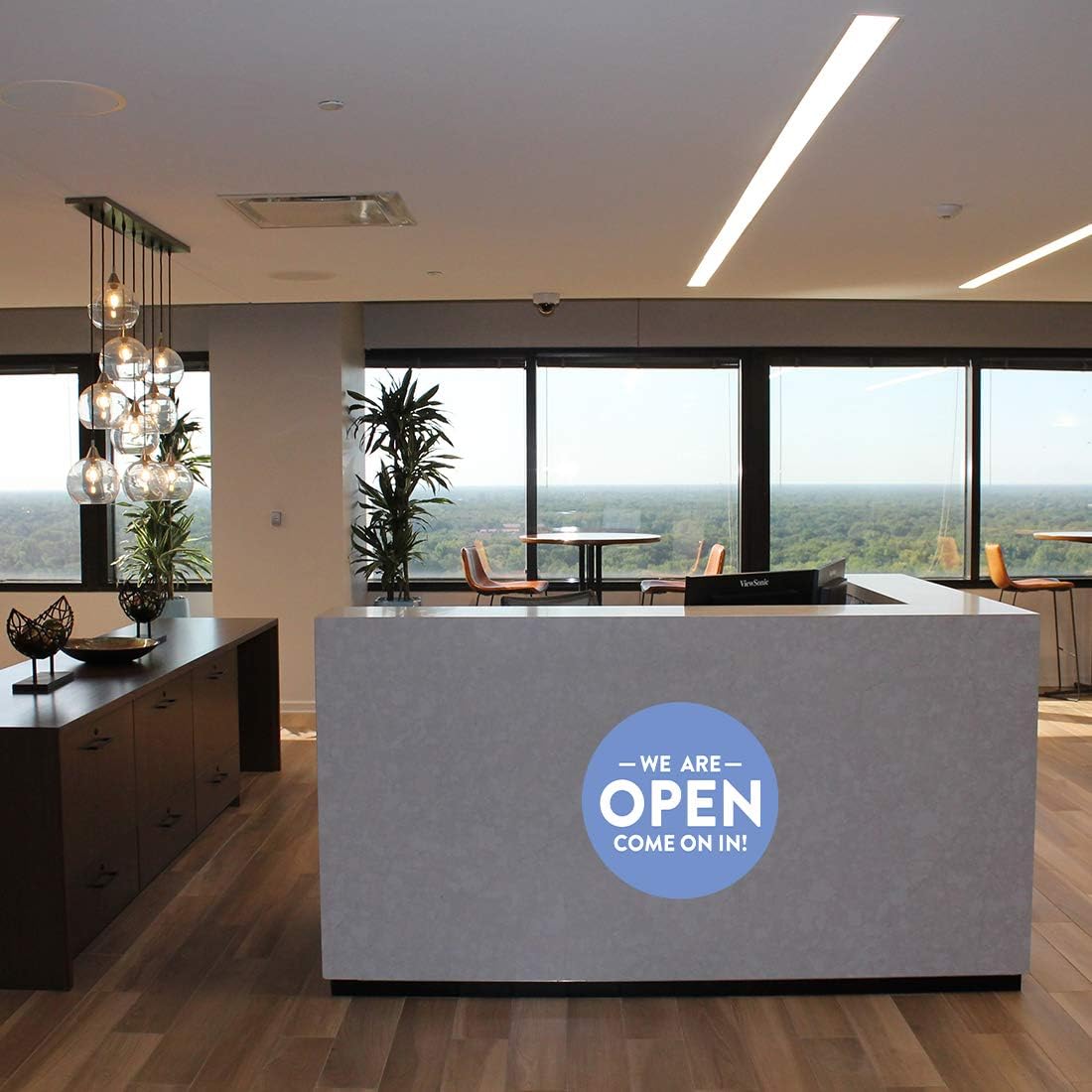 Andaz Press Temporary Store Office Hours for Social Distancing We are Open, Come On in Business Signs, 50 Labels, 10-Pack 8" Round Labels + 40-Pack 2" Circle Vinyl Sticker Decals