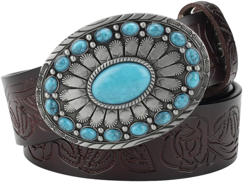 Women's Belt,Western Cowboy Belt,Turquoise Belt Western for Men, Women, Cowboy and Cowgirl,Brown,115CM/45.3''