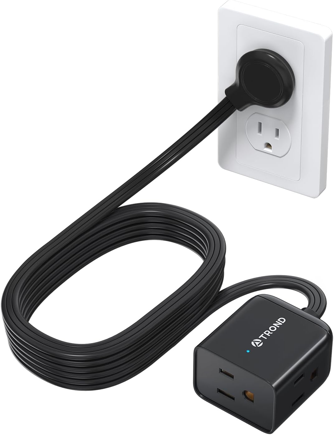TRONDFlat Extension Cord 10ft - Left Angled Flat Plug Power Strip, 16 AWG Power Cord Extension Indoor, 3 Prong Extension Cord with Multiple 3 Outlets for Office Home Kitchen Appliances, Black