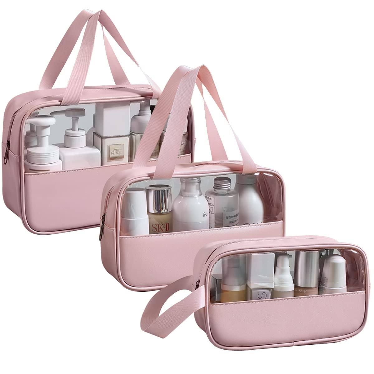LEcylankEr Neceser Transparente 3 Piezas, Bolsa de Aseo PVC Impermeable para Mujer, Neceser de Maquillaje Portatil para Viajes, Baño (Rosa)