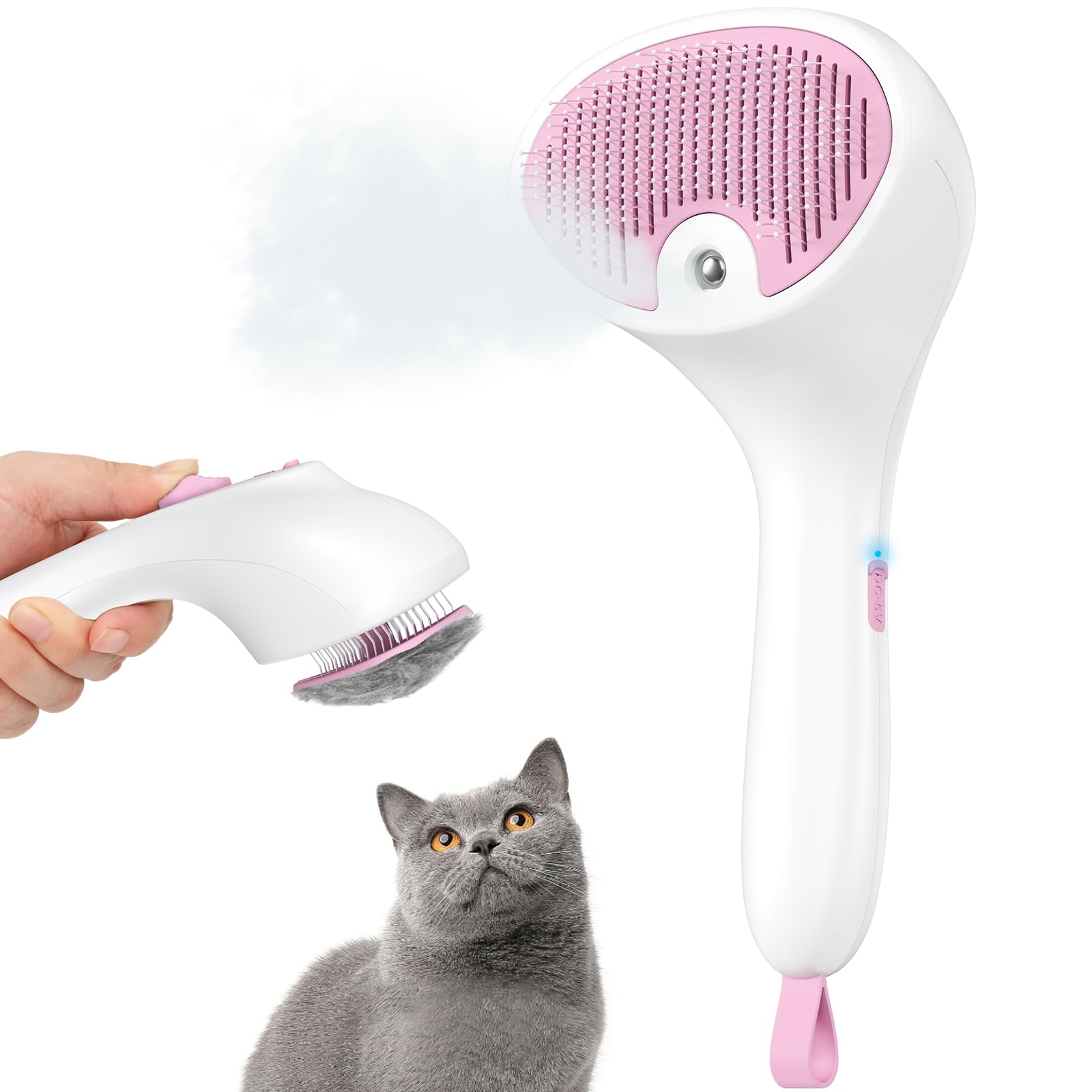 Euqvunn Steam Brush for Cats with Release Button, [Ultra-Quiet Design/Ergonomic Handle] Rechargeable Cat Steam Brush for Pets, Brush for Cats and Dogs