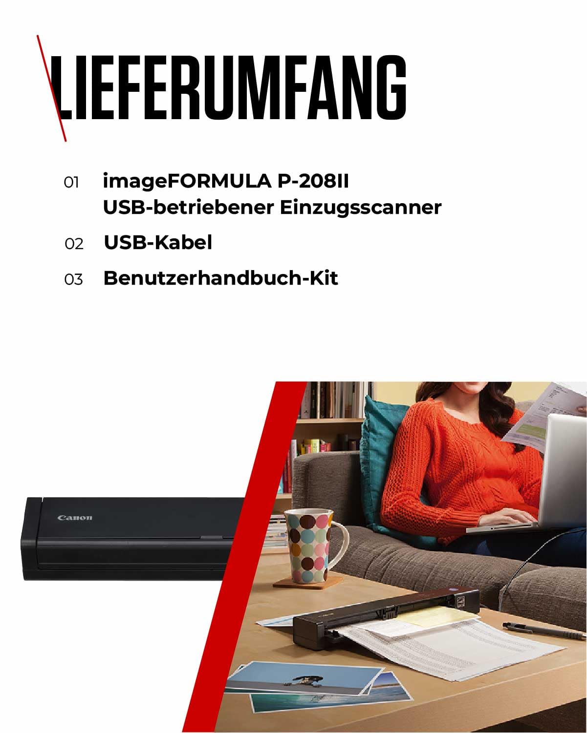 Canon imageFORMULA P-208II Mobiler Dokumentenscanner Duplex DIN-A4 600dpi 8 Seiten/Min 10 Blatt ADF Schwarz