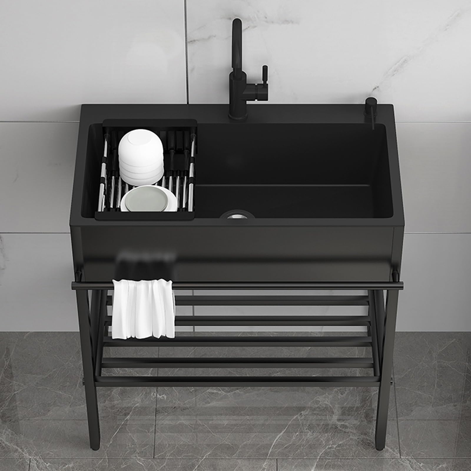 Spülbecken Schwarz Edelstahl, Spültisch Outdoor Küche 55 80 90cm×45cm×86cm Spülbeckenset Freestanding Mit Aufbewahrungsregal, Handtuchhalter - Kitchen Sink Platz Sparen Leicht Zu Reinigen