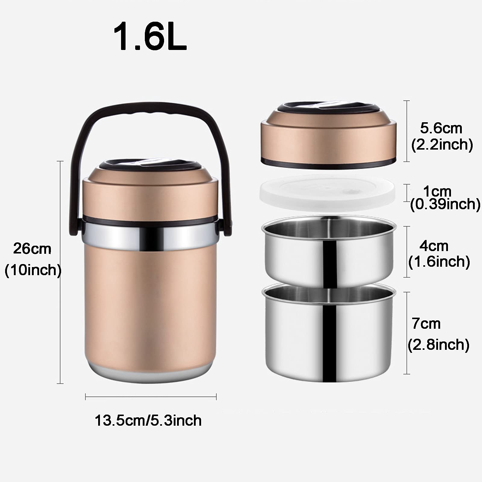 Fiambrera Térmica de Acero Inoxidable Prueba de Fugas Caja Bento Térmica con 2 Compartimentos Recipiente Térmico para Alimentos, Lunch Box para Trabajo de Oficina, Escuela, Hogar,Oro,1.6L