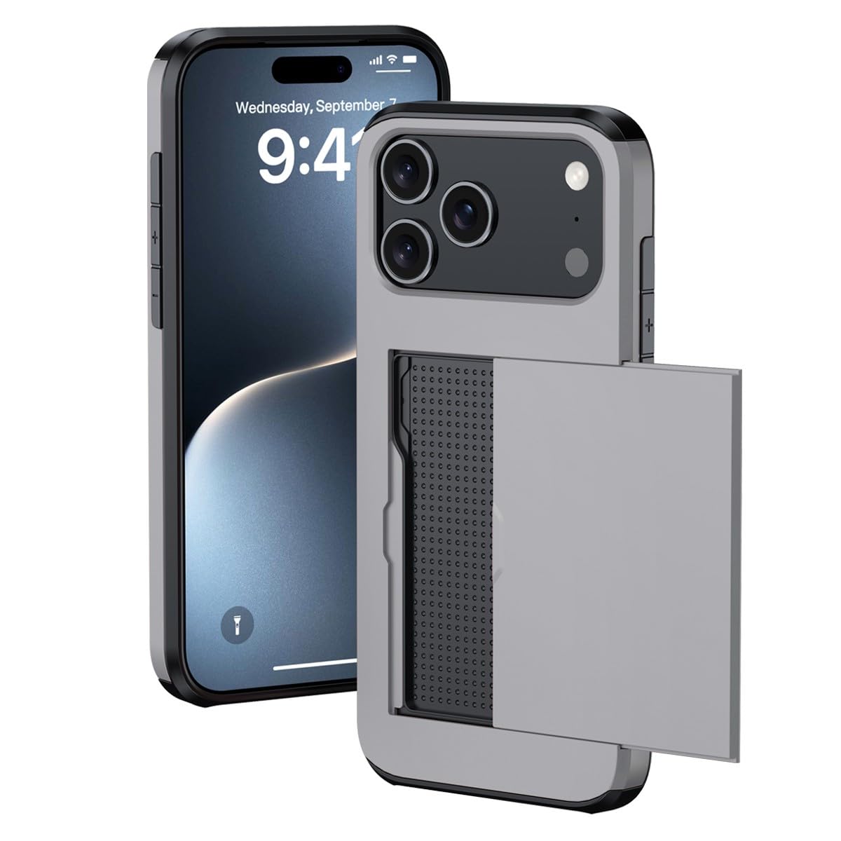 Coque iPhone 17 Pro silicone gris rigide fente carte cachée au dos - 8