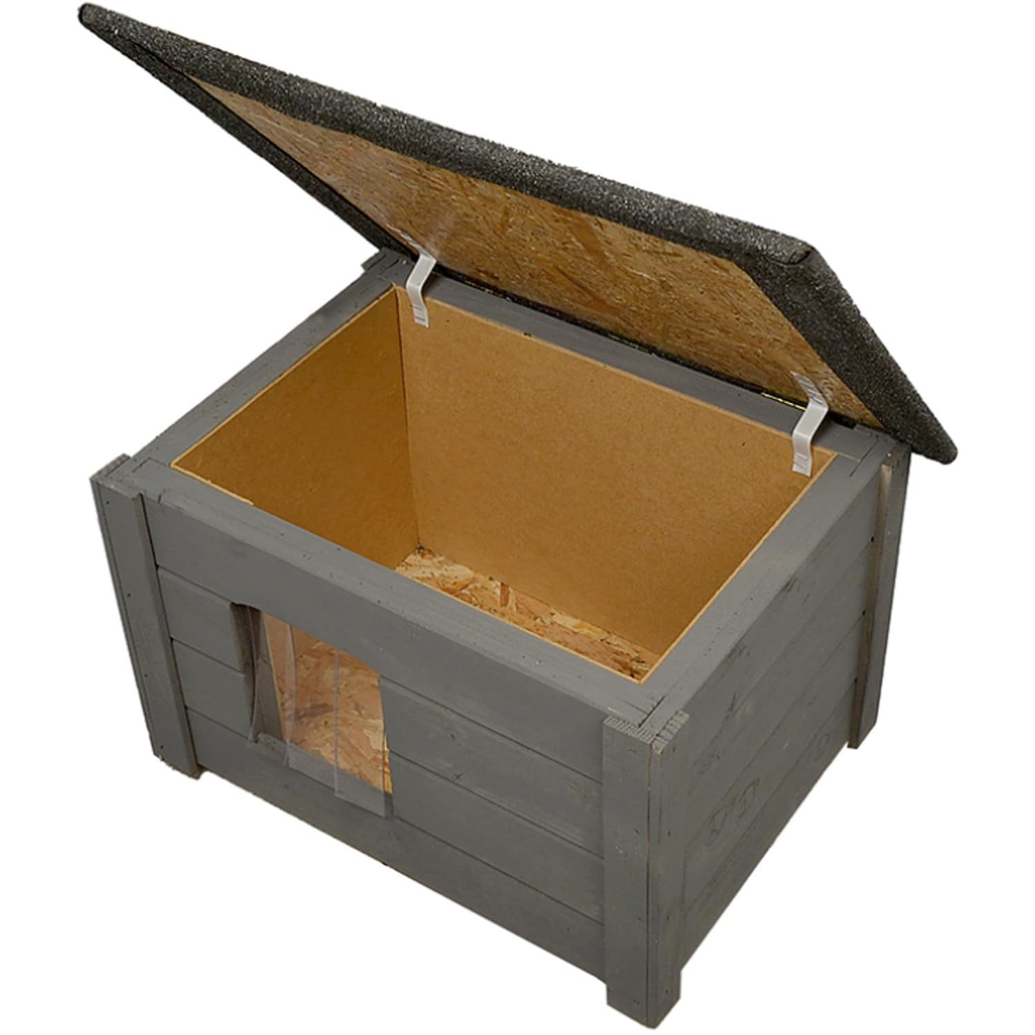 Isolierter Holzzwinger für kleine Hunde und Katzen aus Fichtenholz, OSB-Boden, Isolierte Wände (Grau)